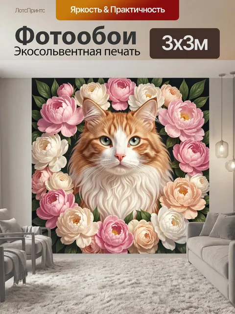 Фотообои Рыжий кот в цветочном венке