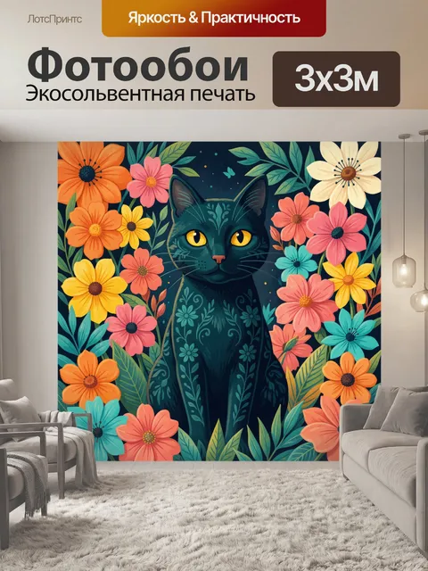 Фотообои Черный кот среди цветов