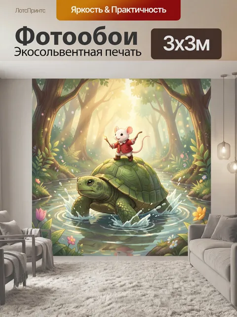 Фотообои Мышонок на черепахе в лесу