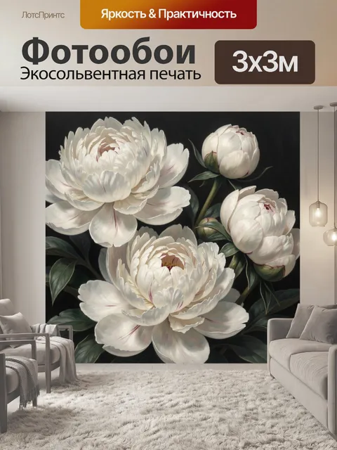 Фотообои Белые пионы на темном фоне