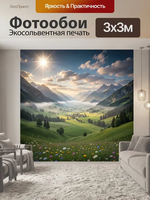 Фотообои Широкая альпийская долина с зелёными холмами
