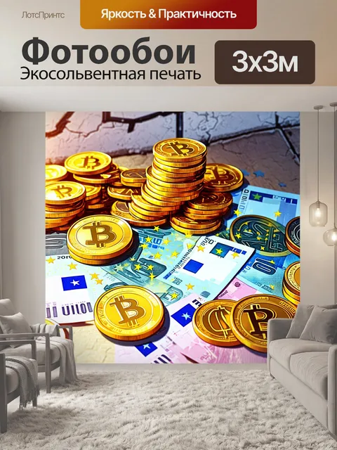 Фотообои золотые монеты, сверкающие на солнце, разбросаны на столе, среди которых виднеются евро-купюры разных…