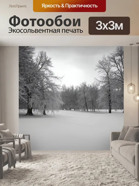 Фотообои черно-белый: зимний пейзаж с обледенелыми деревьями и снежным покровом, сверкающим на солнце