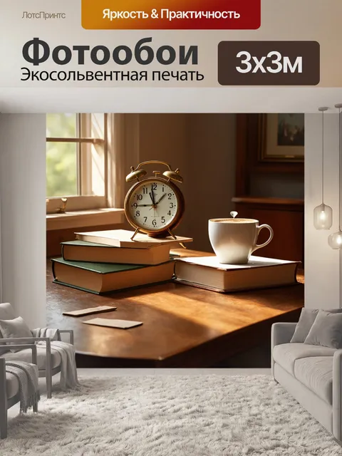 Фотообои винтаж: винтажный натюрморт с часами, книгами и утренним кофе на старом деревянном столе