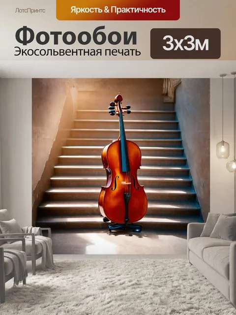 Фотообои виолончель, величественно стоящая на мраморной лестнице, омытая мягким светом заходящего солнца