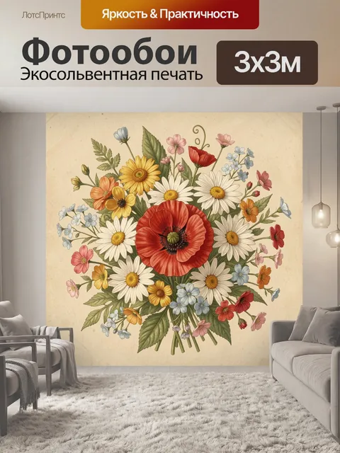 Фотообои Полевой букет с маками и ромашками