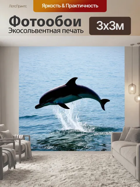 Фотообои летящий дельфин, выпрыгивающий из воды в ясный день, с бликами солнца на его спине