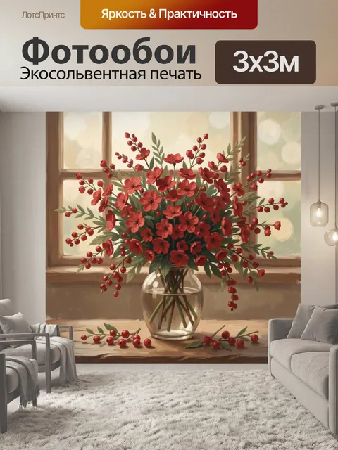Фотообои Красные цветы в стеклянной вазе
