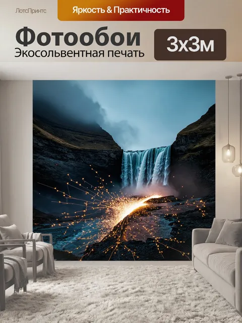 Фотообои водопад электроэнергии, падающий в форме искр и вспышек света, окруженный горами и облаками