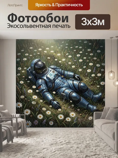 Фотообои Космонавт на цветущем лугу