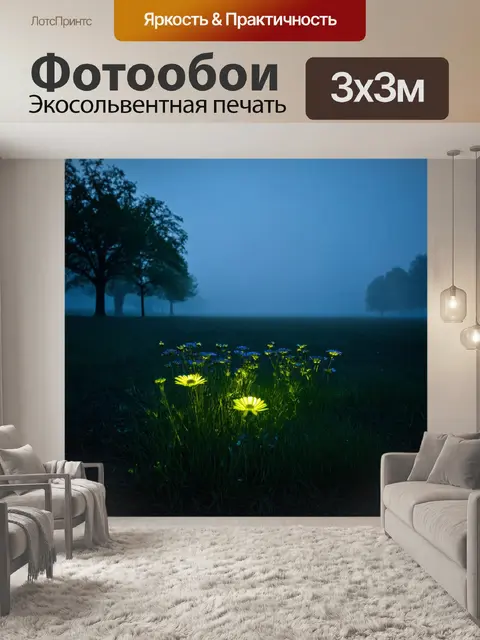Фотообои туман в стиле люминизм, загадочный пейзаж с туманом, светящиеся цветы в траве, вечерние оттенки