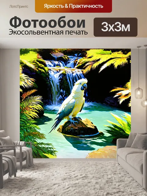 Фотообои какаду, мирно стоящий на камне у водопада, где кристально чистая вода падает в сверкающий пруд