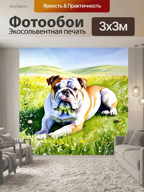 Фотообои изображение английского бульдога, лежащего на зеленом лугу, окруженном цветущими дикими цветами