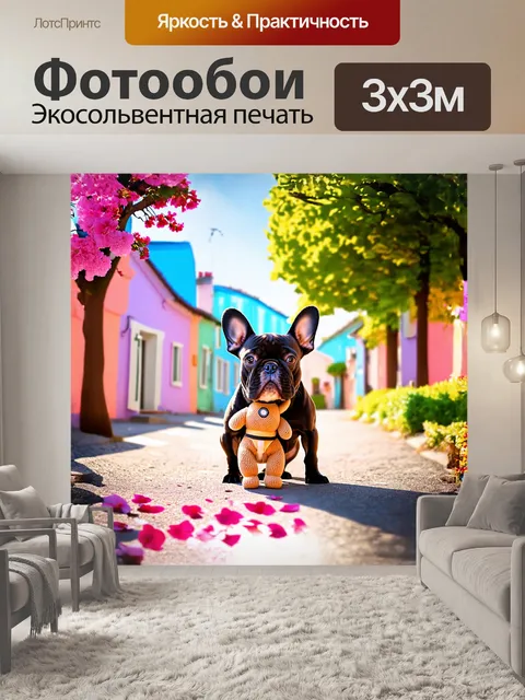 Фотообои французский бульдог, обнимающий свою любимую игрушку, расположен на фоне красочной улицы с цветными домами и…