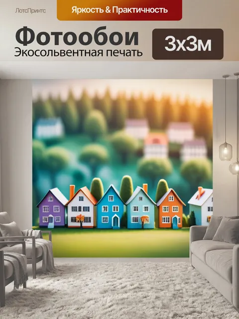 Фотообои пейзаж с домами деревьями минимал