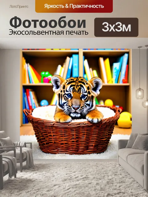 Фотообои с тигренком, удобно устроившимся в корзине с мягким постельным бельем, на фоне книжной полки с…