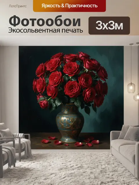 Фотообои Красные розы в декоративной вазе
