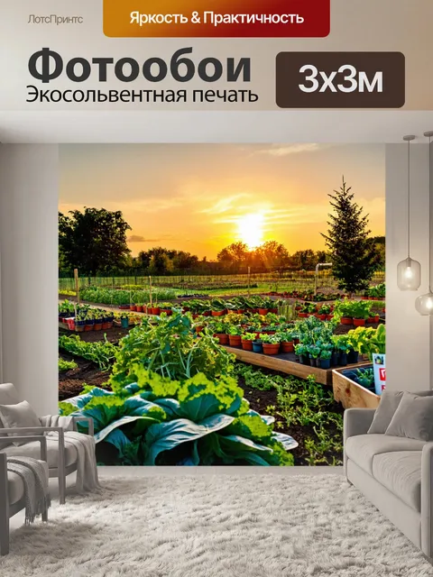 Фотообои с живописным видом на сад с овощами и зеленью на закате