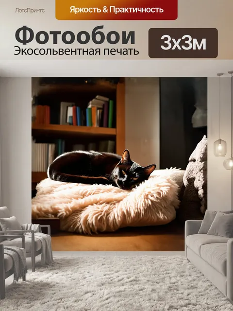 Фотообои черный кот, свернувшийся калачиком на мягкой подушке, уютно спит, излучая спокойствие