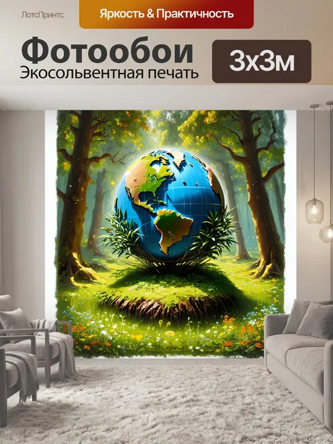 Фотообои лесная сцена с глобусом, растущим из земли, окруженным зелеными растениями и редкими цветами