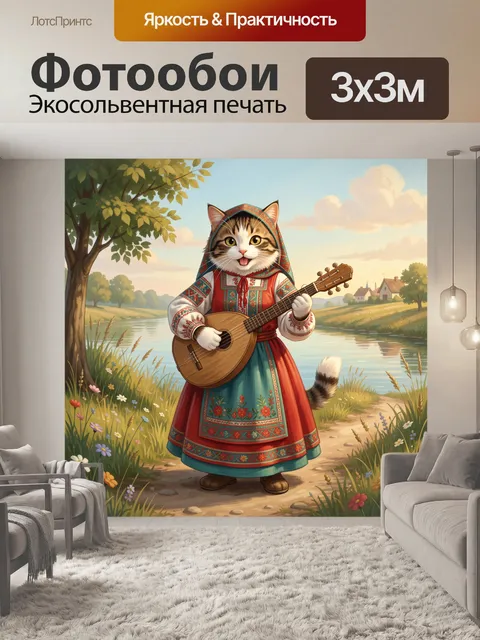 Фотообои Кот с балалайкой у реки