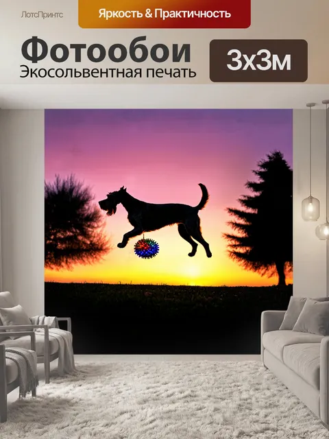 Фотообои эрдельтерьер играет с яркой игрушкой на фоне цветного заката