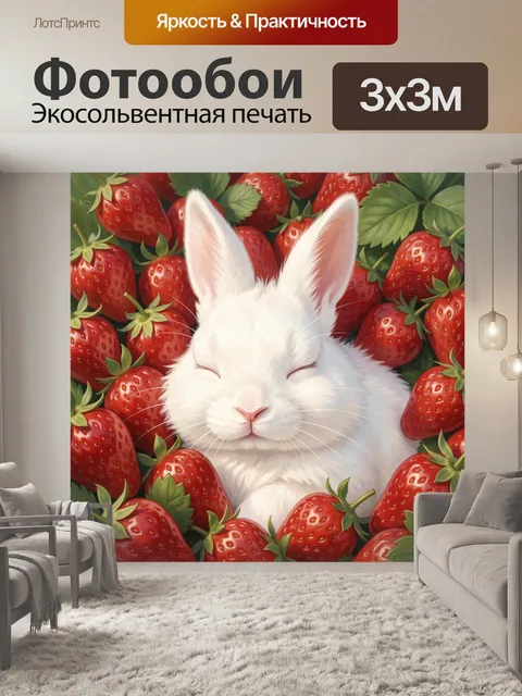 Фотообои Белый кролик среди клубники