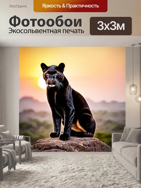 Фотообои черная пантера, сидящая на скале, наблюдающая за закатом