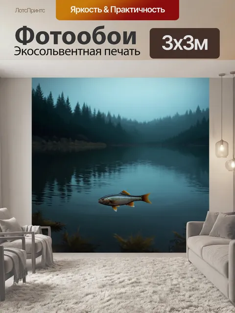 Фотообои грандиозный пейзаж с мрачным озером и одинокой рыбой, плавающей на поверхности воды