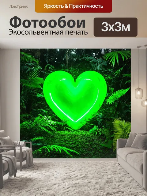 Фотообои сердце, окружённое фильтром зелёного света в джунглях, с экзотическими растениями и животными вокруг него