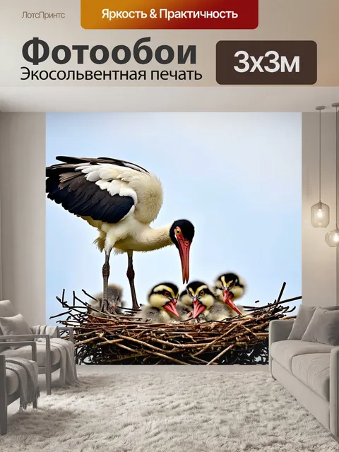 Фотообои аист, ухаживающий за птенцами в гнезде, заботливо передающий еду и защищая их от опасности