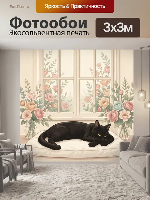 Фотообои Черный кот среди цветов у окна