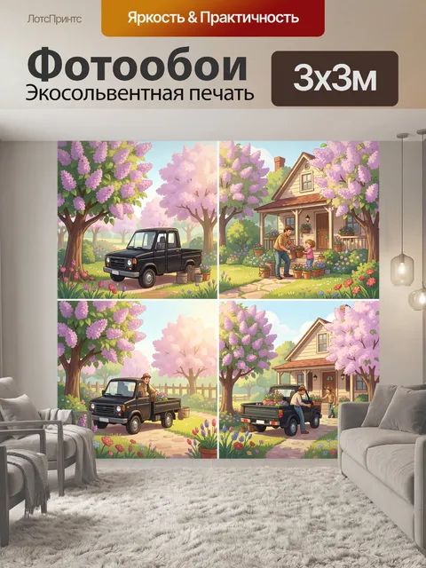 Фотообои Весенний дом и пикап у сада