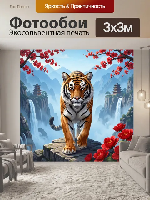 Фотообои Тигр среди гор и сакуры