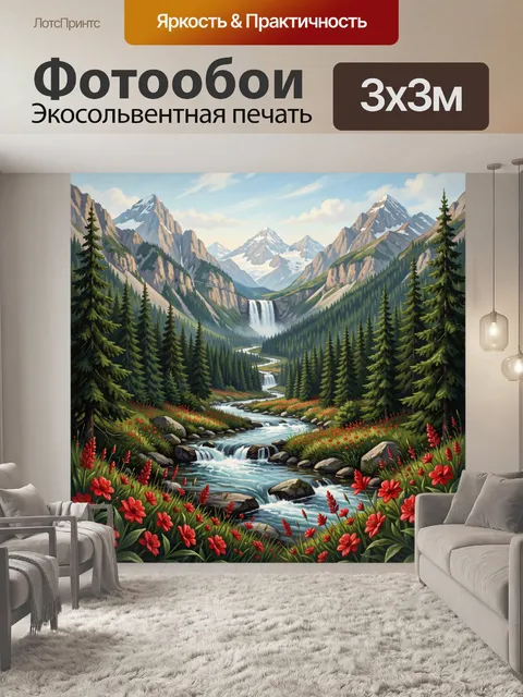 Фотообои Горная долина с водопадами