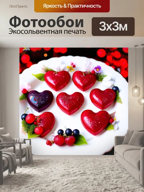 Фотообои сердечки, украшенные ягодами и цветами, расположены на праздничной тарелке, создают атмосферу вкусного…
