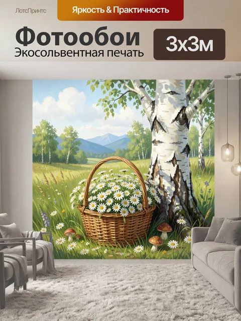 Фотообои Летний луг с берёзой и ромашками
