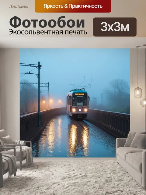 Фотообои трамвай, движущийся по мосту, окружённому туманом, с яркими огнями, отражающимися в воде