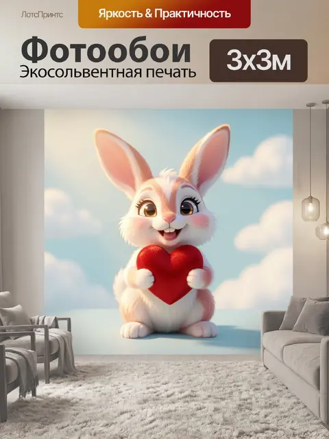 Фотообои милый веселый мультяшный зайчик с сердечком