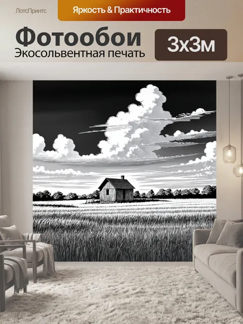 Фотообои черно-белый: просторная равнина с одинокой деревянной фермой, окруженной высокими травами