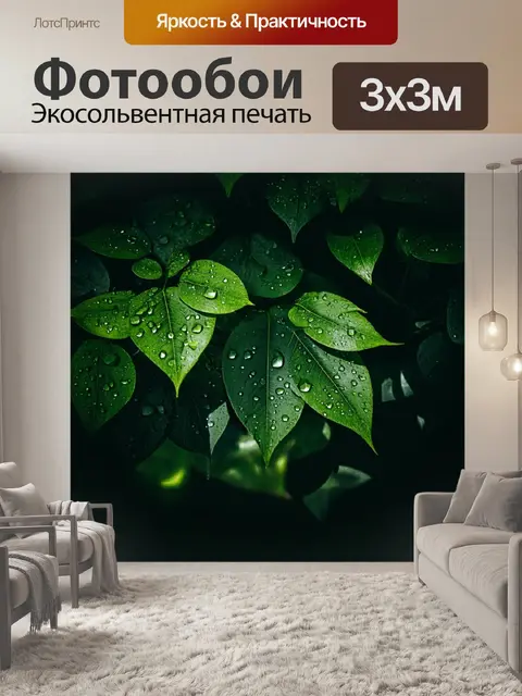 Фотообои Листья темно-зеленого цвета с каплями воды на поверхности
