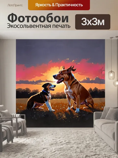 Фотообои на закате, когда небо окрашивается в теплые оттенки розового и оранжевого, собака, полная спокойствия…