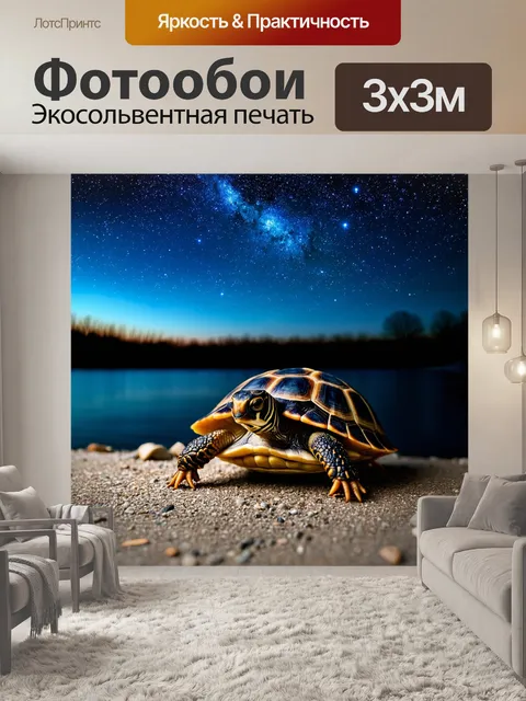 Фотообои черепаха и раковина, проводящие вечер вдвоем, наслаждаются звездным небом у озера