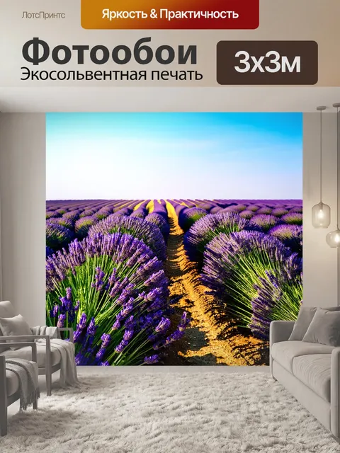 Фотообои утро: поля лаванды, простирающиеся до горизонта, где свет заливает все вокруг, создавая необычные цвета и…