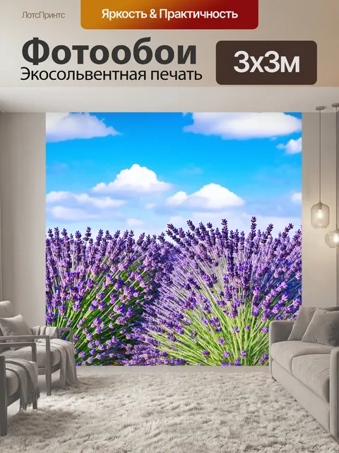 Фотообои природа в стиле стикер, где изображены поля цветущих лаванды под голубым небом с облаками