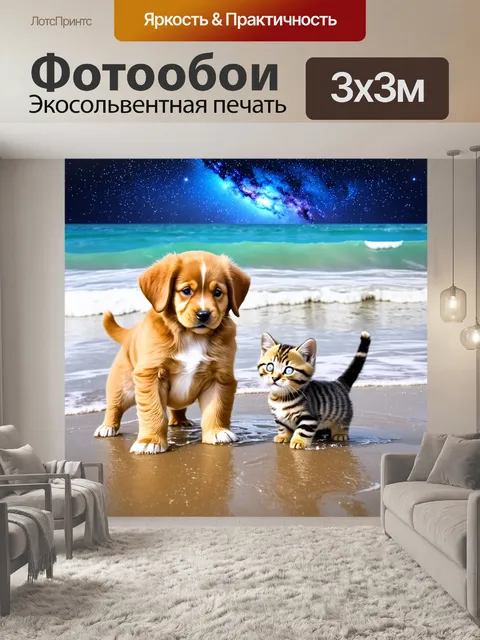 Фотообои щенок и котенок вместе на берегу моря, играющие в мелких волнах