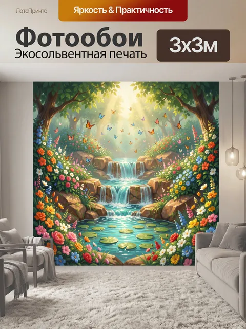 Фотообои Цветущий лесной водопад