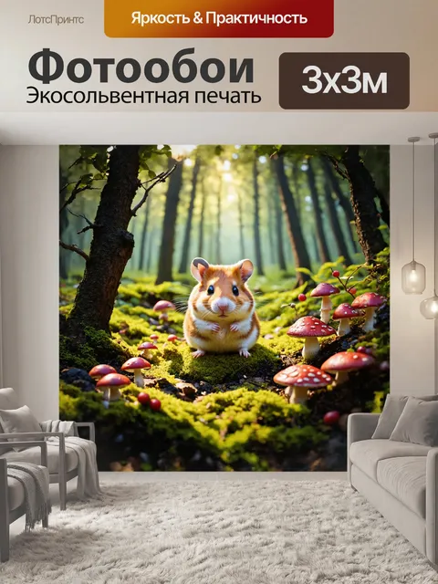 Фотообои миниатюрный мир хомяка, где он исследует маленький волшебный лес, полном грибов и ярких ягод