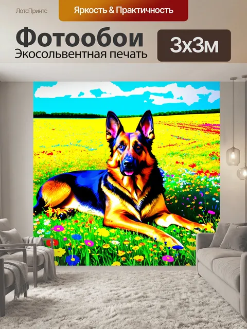 Фотообои немецкая овчарка, мирно лежащая среди диких цветов на лугу