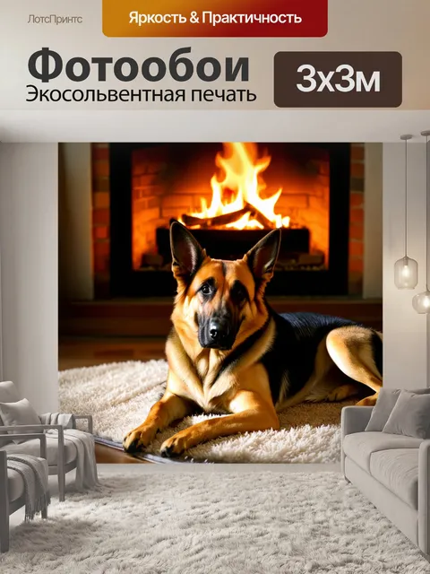 Фотообои ночной пейзаж, где немецкая овчарка лежит на ковре у камина, освещенная теплом огня